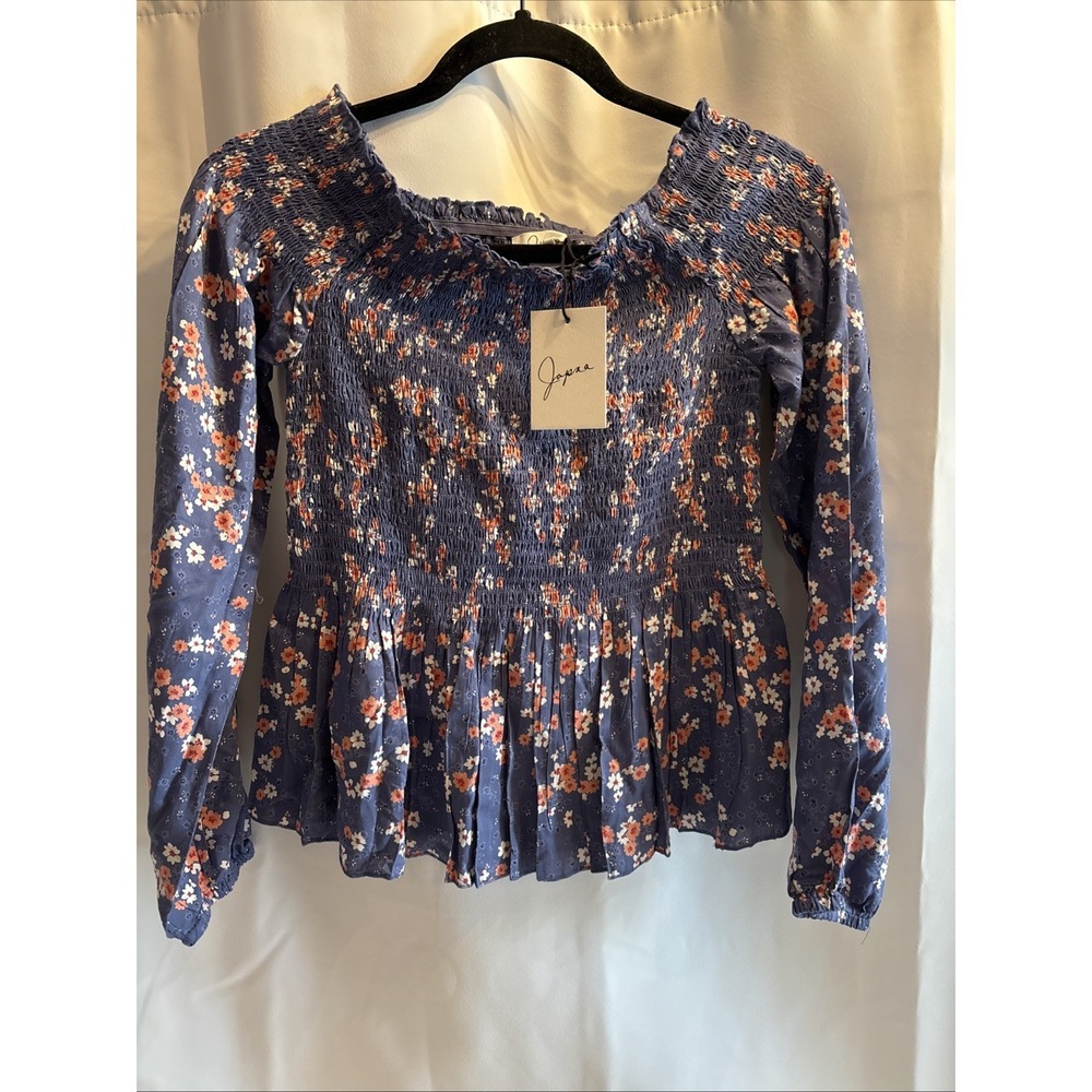 Japna Puffed‎ Sleeve Ruched Floral Blouse Peasant long Sleeve Size M Boho
